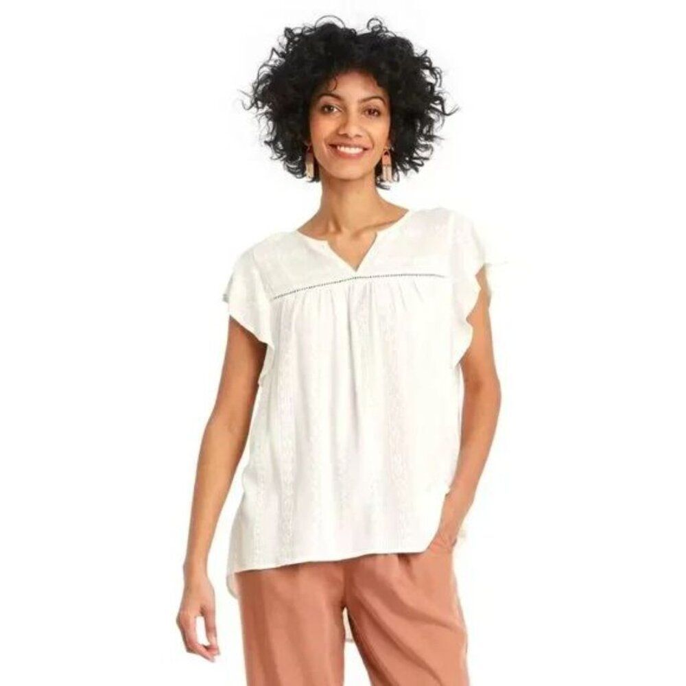 Knox Rose White Embroidered Flutter Sleeve Blouse Coastal Size Large